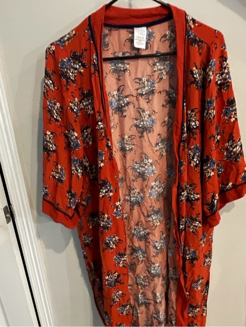 Red Floral Open-Front Kimono Tunic